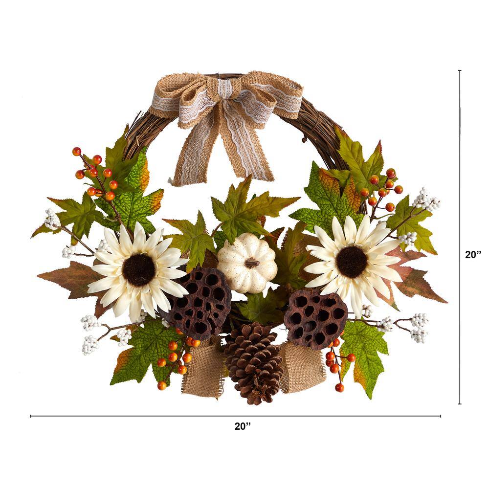 Nearly Natural 20 in. Orange Autumn Sunflower, White Pumpkin and Dried Lotus Pod Artificial Fall Wreath with Decorative Bow