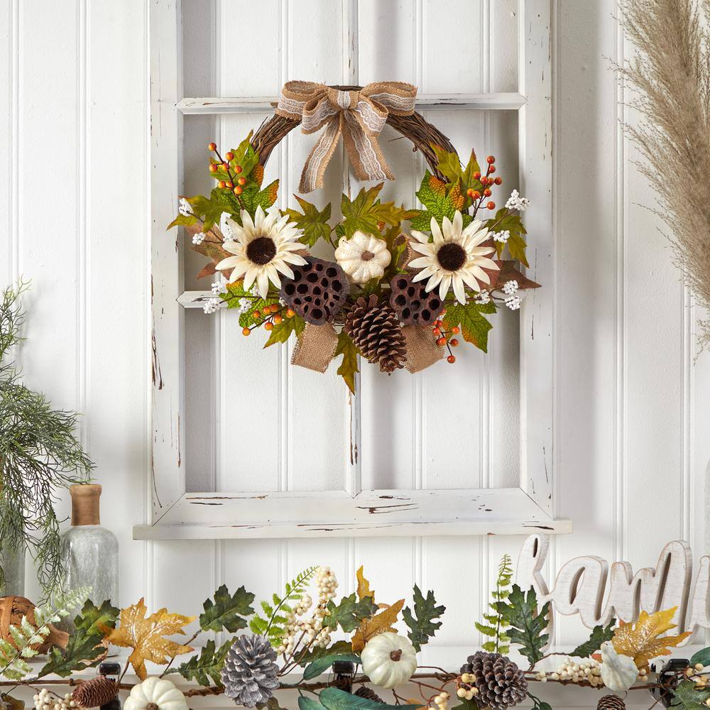 Nearly Natural 20 in. Orange Autumn Sunflower, White Pumpkin and Dried Lotus Pod Artificial Fall Wreath with Decorative Bow