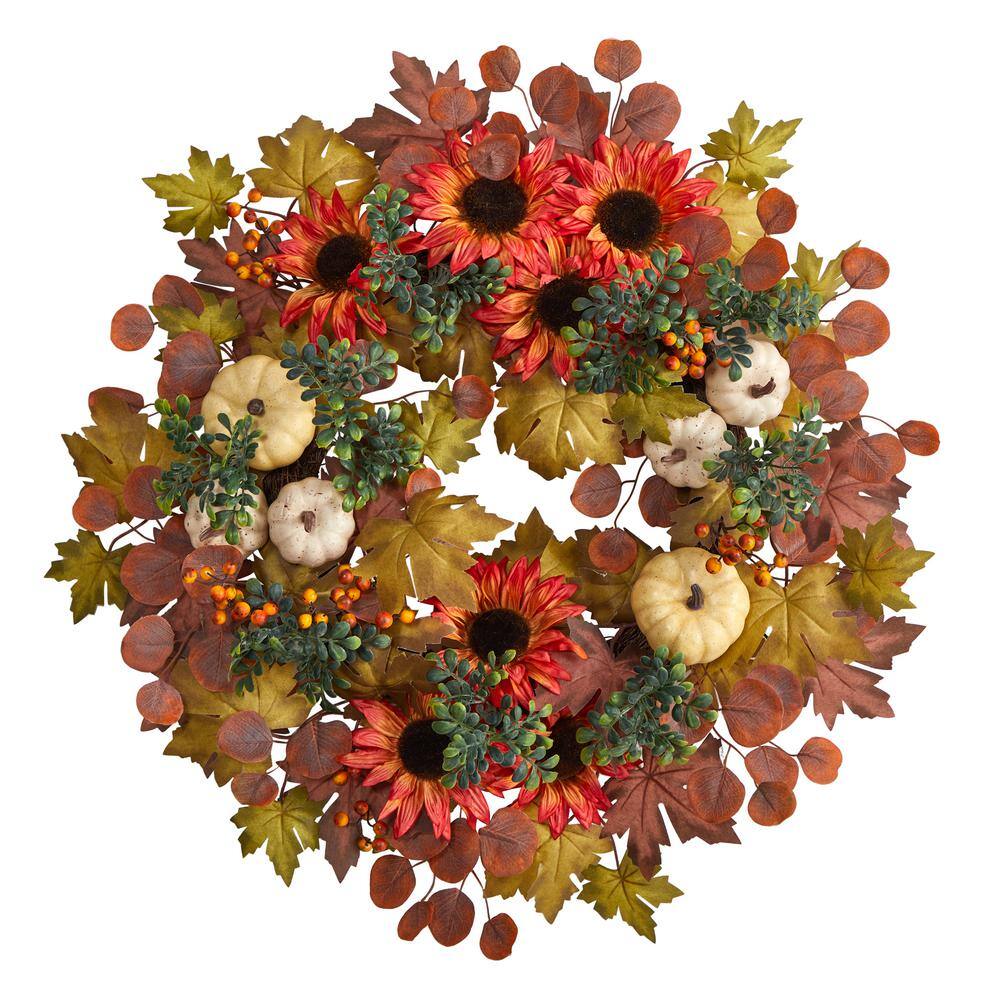 Nearly Natural 30 in. Orange Fall Acorn, Sunflower, Berries and Autumn Foliage Artificial Wreath