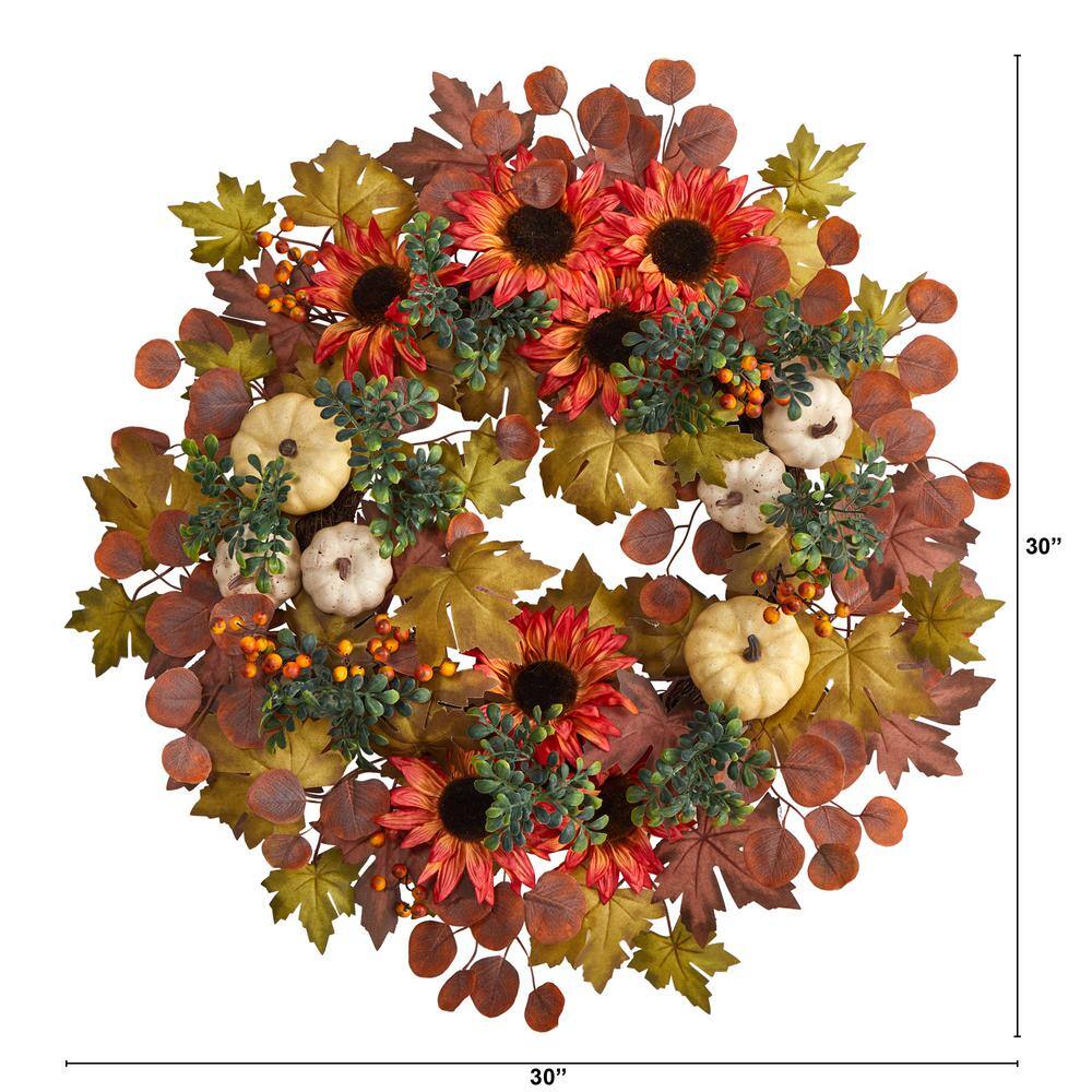 Nearly Natural 30 in. Orange Fall Acorn, Sunflower, Berries and Autumn Foliage Artificial Wreath