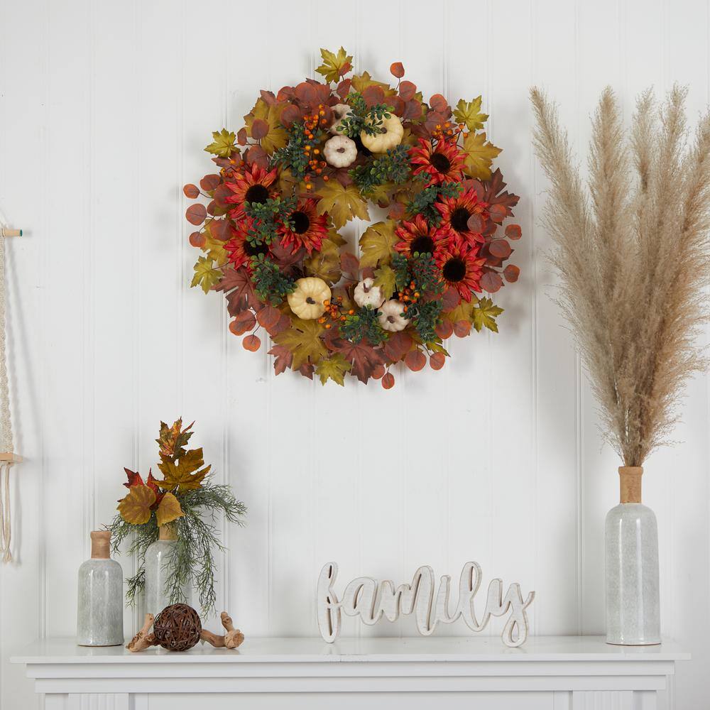 Nearly Natural 30 in. Orange Fall Acorn, Sunflower, Berries and Autumn Foliage Artificial Wreath