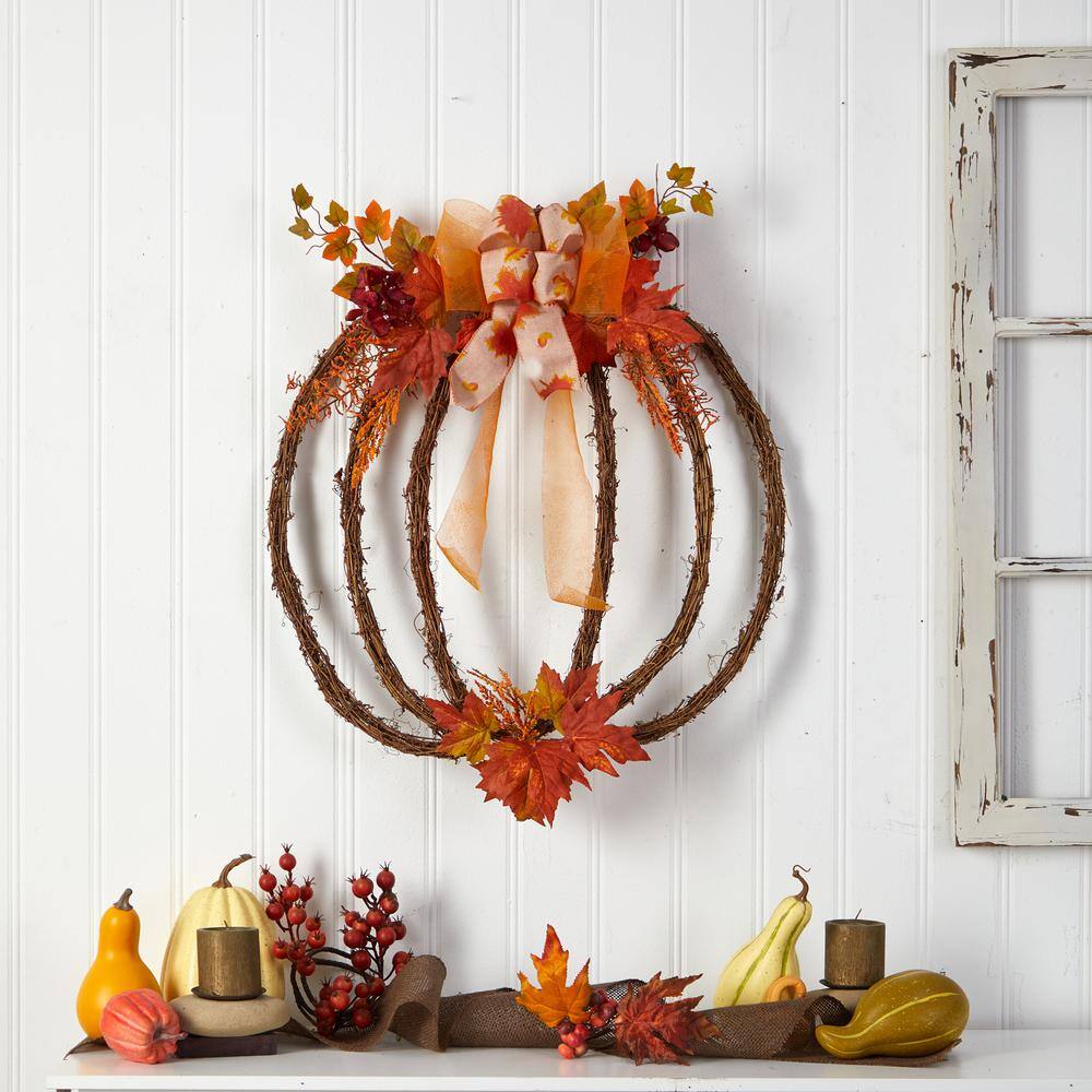 Nearly Natural 26 in. Orange Autumn Pumpkin Artificial Vine Fall Wreath