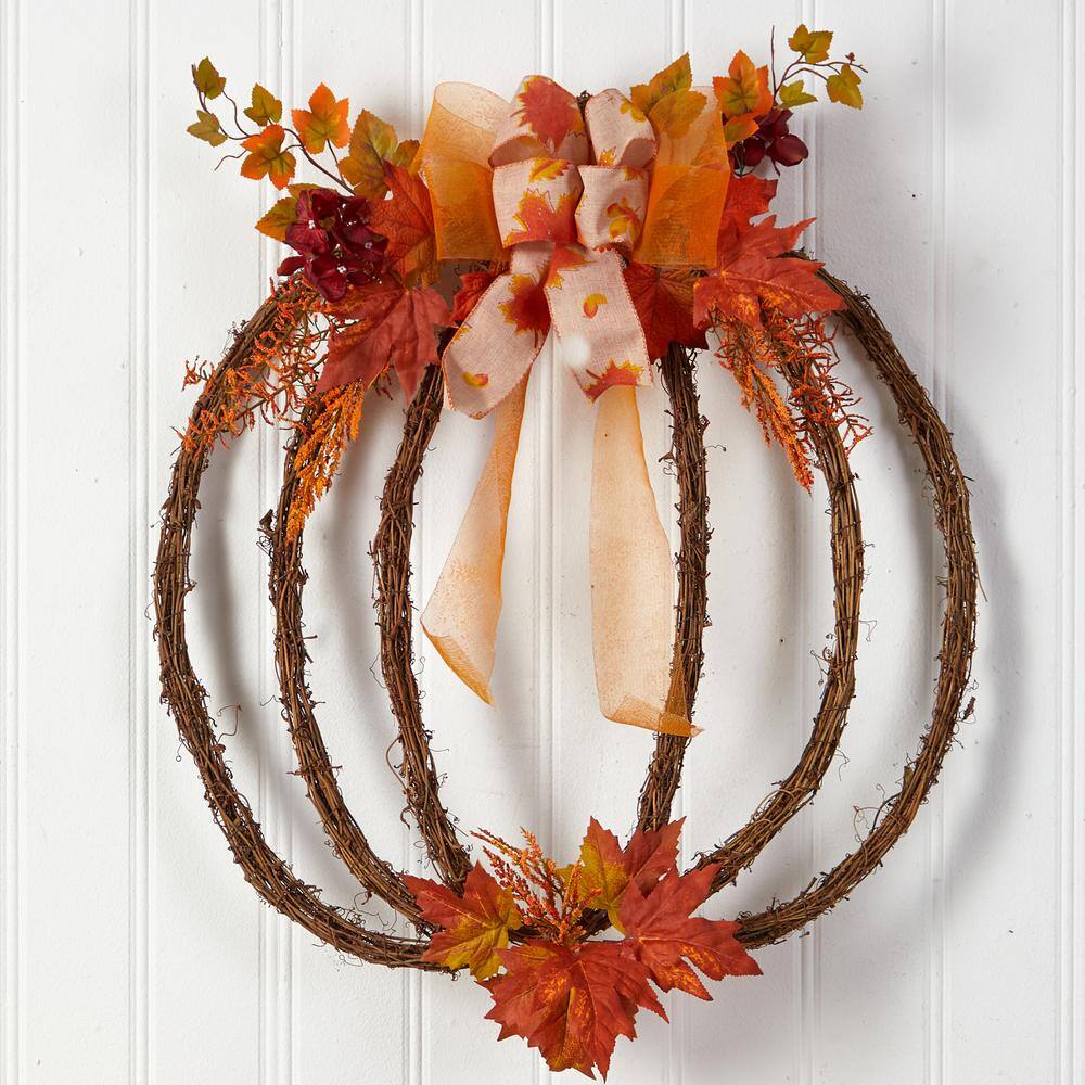 Nearly Natural 26 in. Orange Autumn Pumpkin Artificial Vine Fall Wreath