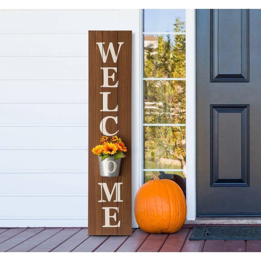 Glitzhome 42 in. H Wooden Welcome Porch Sign with Metal Planter