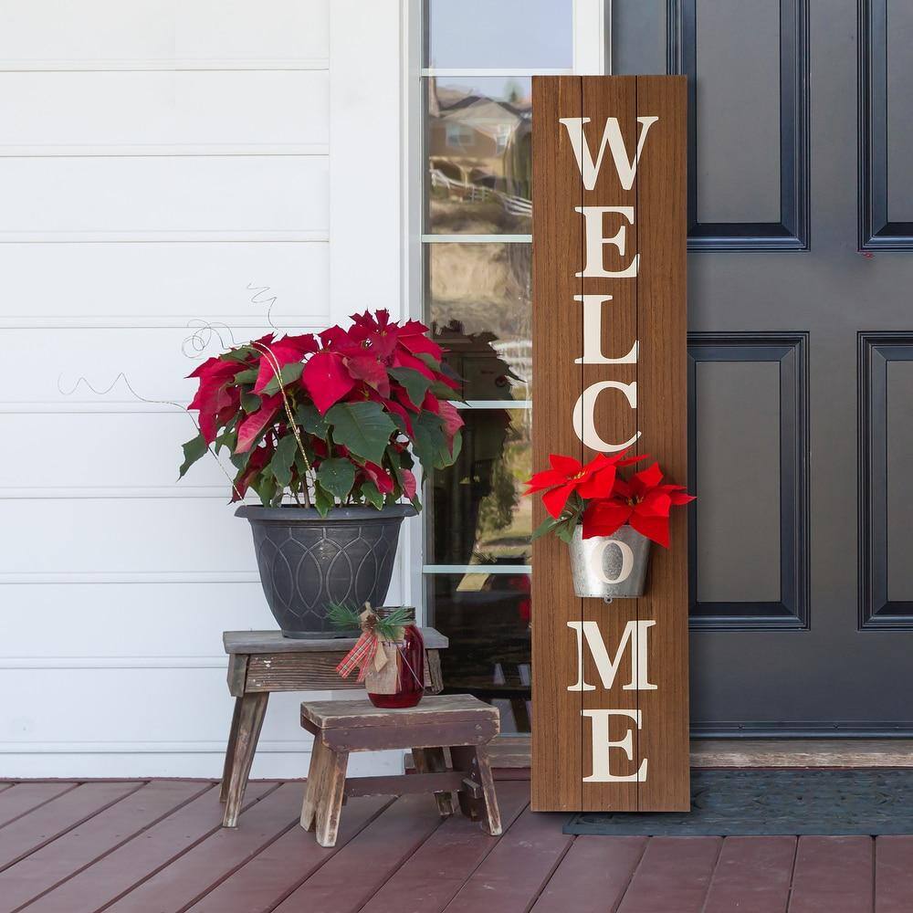 Glitzhome 42 in. H Wooden Welcome Porch Sign with Metal Planter