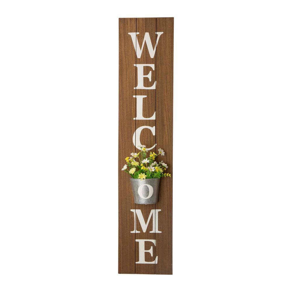 Glitzhome 42 in. H Wooden Welcome Porch Sign with Metal Planter