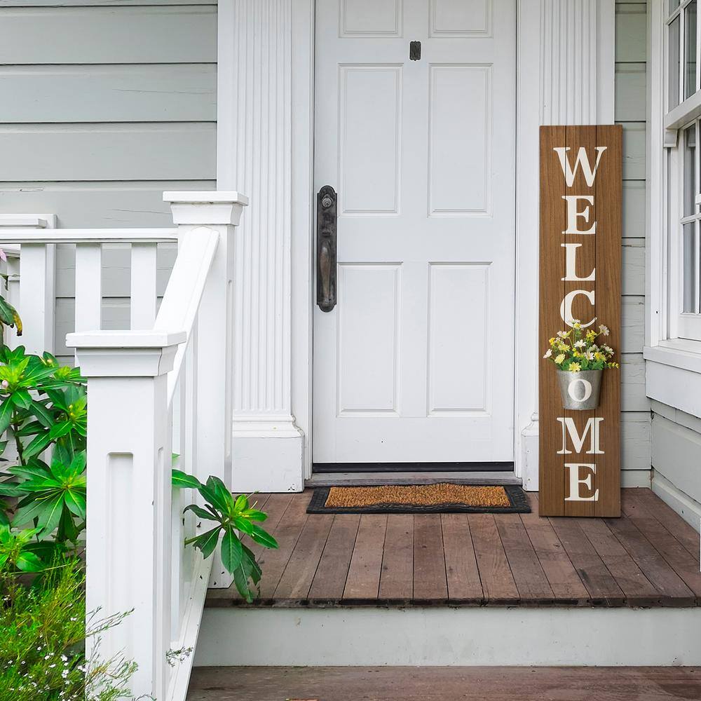 Glitzhome 42 in. H Wooden Welcome Porch Sign with Metal Planter