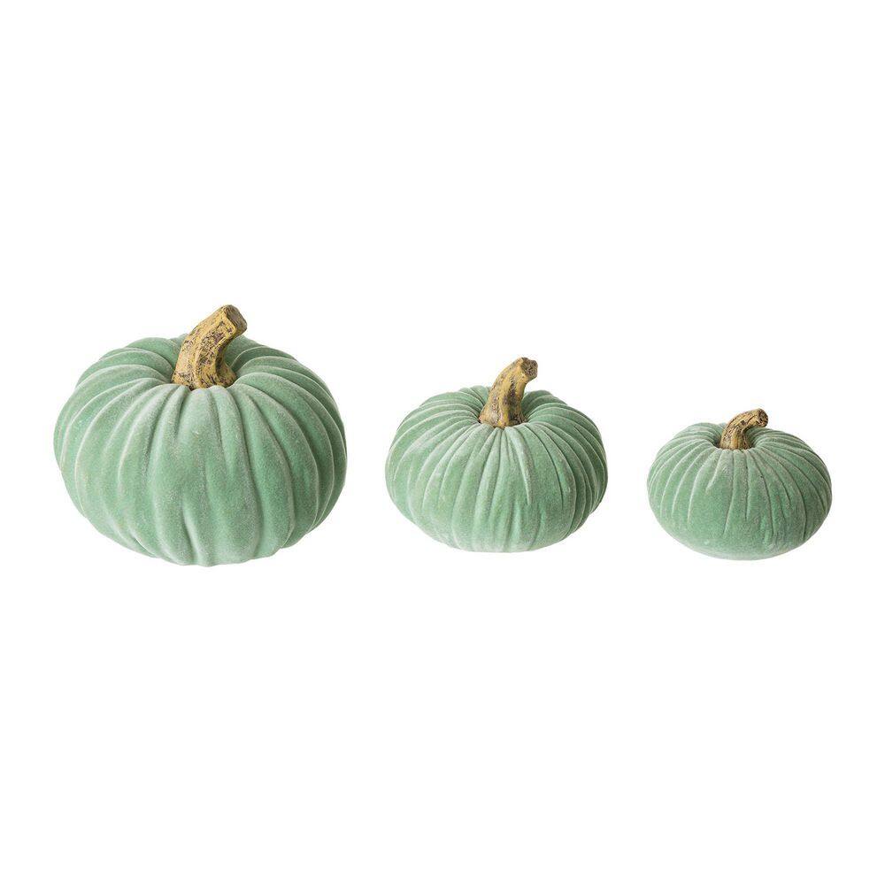 Glitzhome 4.75 in. H Mint Green Velvet/Resin Pumpkins Set of 3