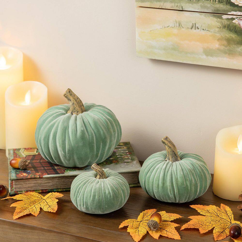 Glitzhome 4.75 in. H Mint Green Velvet/Resin Pumpkins Set of 3