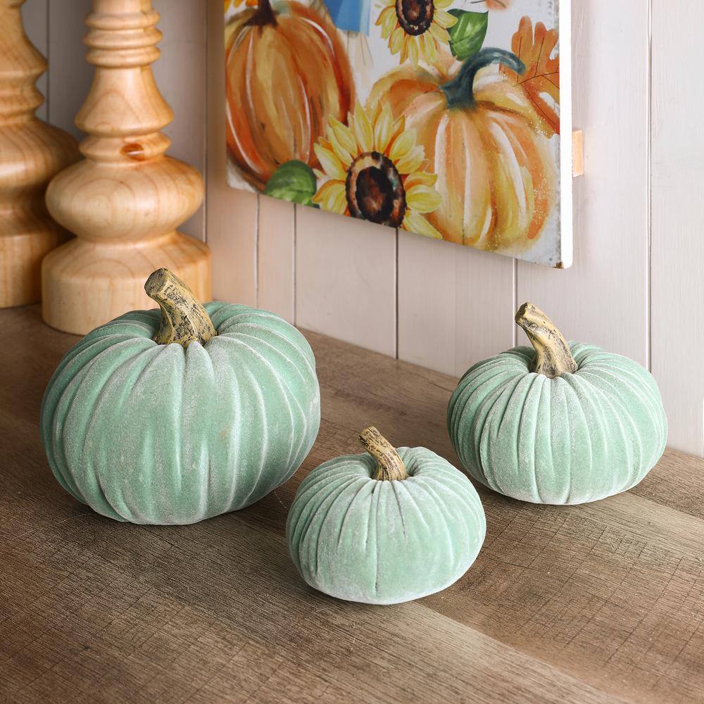 Glitzhome 4.75 in. H Mint Green Velvet/Resin Pumpkins Set of 3