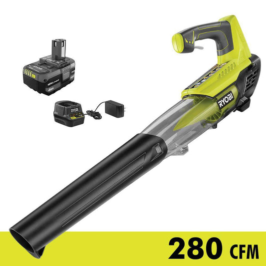 RYOBI ONE+ 18V 100 MPH 280 CFM Cordless Battery Variable-Speed Jet Fan Leaf Blower with 4.0 Ah Battery and Charger