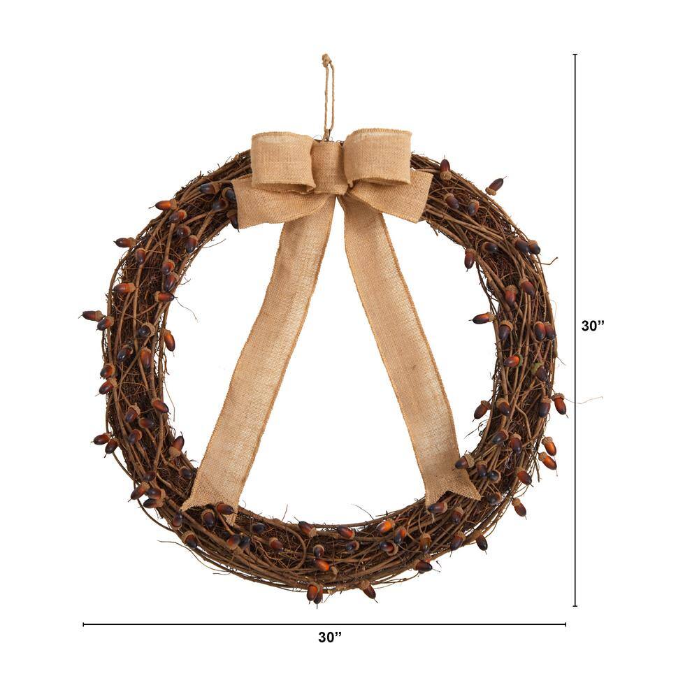 Nearly Natural 30 in. Green Fall Acorn and Decorative Bow Autumn Wreath