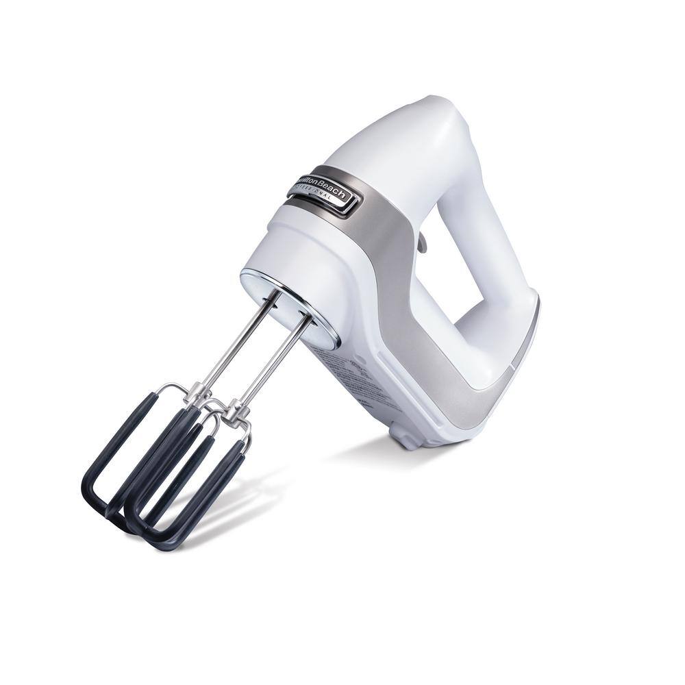 Hamilton Beach Professional 7-Speed White Hand Mixer with SoftScrape Beaters, Whisk, Dough Hooks and Snap-On Storage Case