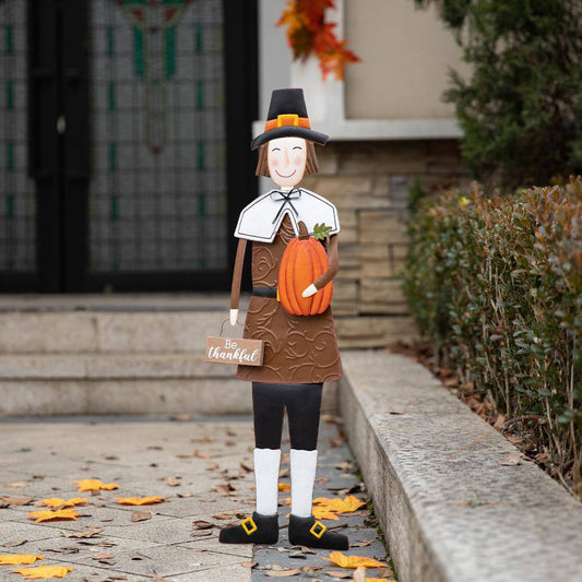 Glitzhome 36 in. H Metal Thanksgiving Pilgrim Boy Yard Stake, Standing Decor or Hanging Decor (3 Function)