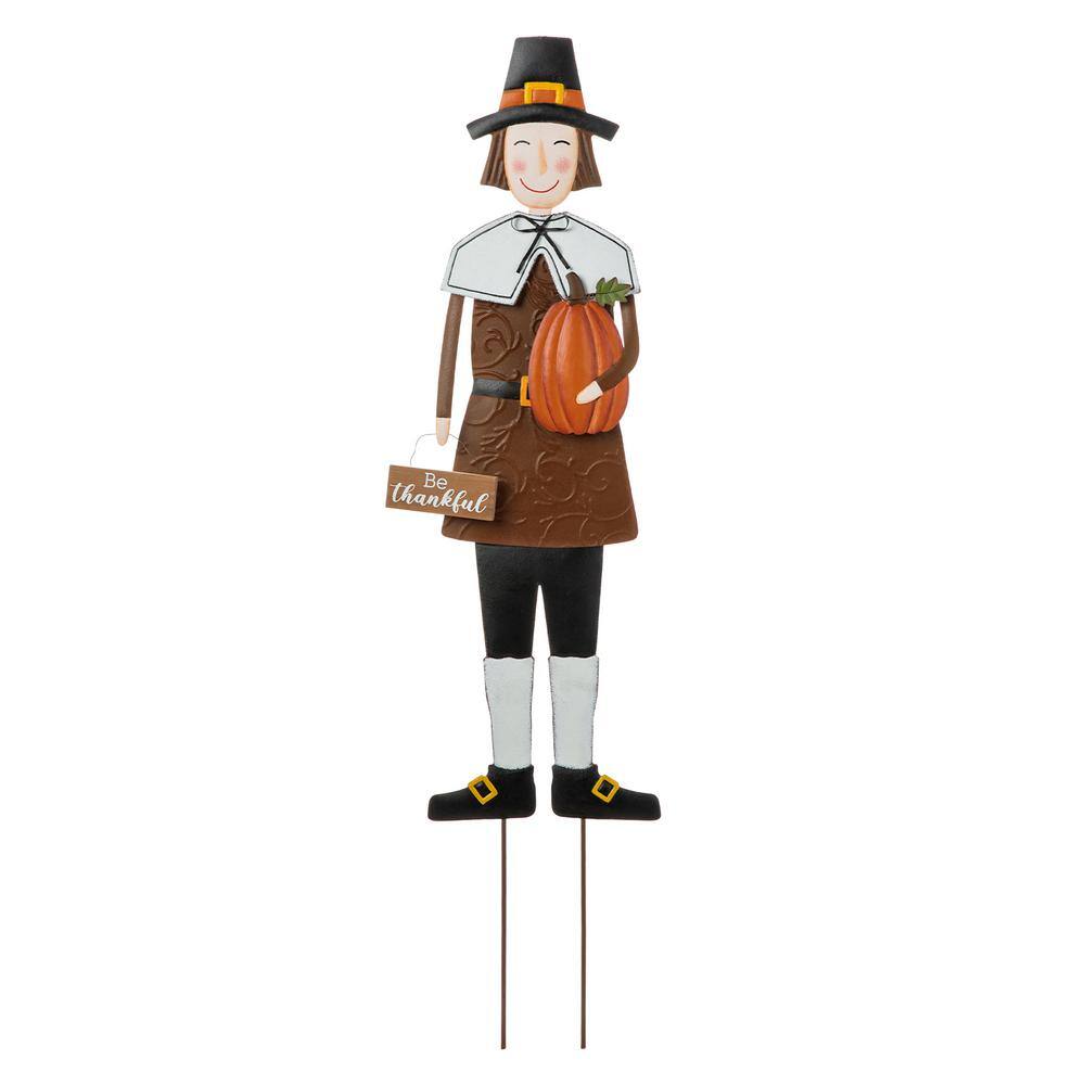 Glitzhome 36 in. H Metal Thanksgiving Pilgrim Boy Yard Stake, Standing Decor or Hanging Decor (3 Function)