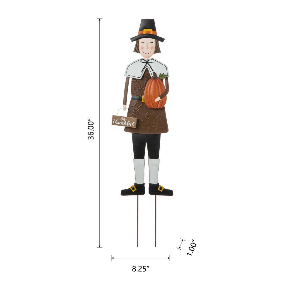 Glitzhome 36 in. H Metal Thanksgiving Pilgrim Boy Yard Stake, Standing Decor or Hanging Decor (3 Function)