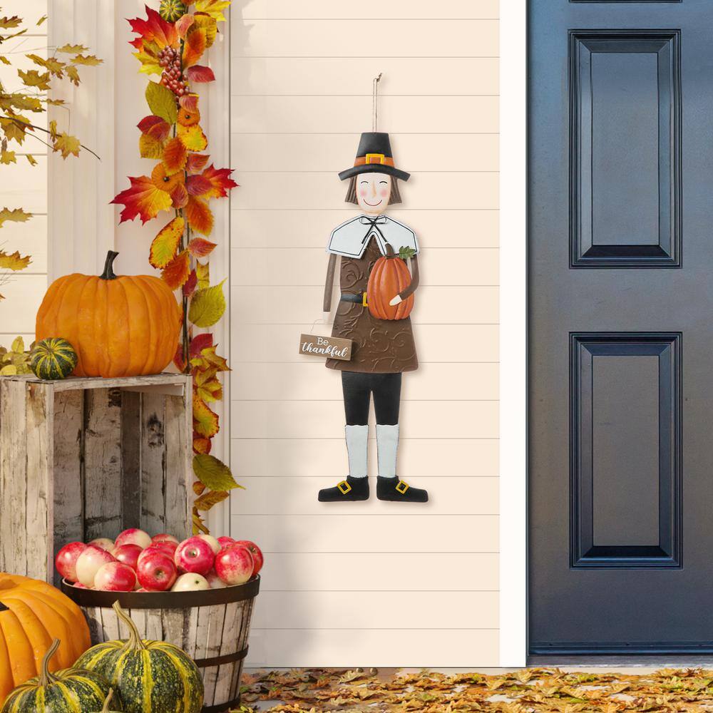 Glitzhome 36 in. H Metal Thanksgiving Pilgrim Boy Yard Stake, Standing Decor or Hanging Decor (3 Function)