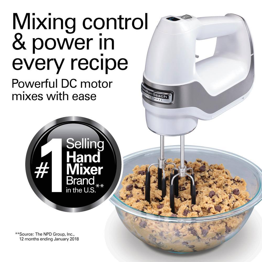 Hamilton Beach Professional 7-Speed White Hand Mixer with SoftScrape Beaters, Whisk, Dough Hooks and Snap-On Storage Case