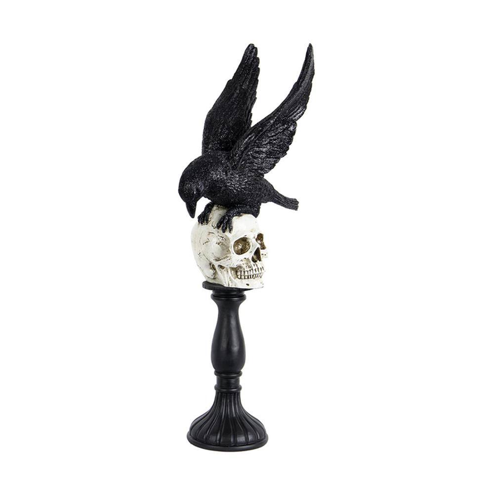 Seasonal Abode Inc Trinidad Black/White Resin Glittered Flying Down Crow On Skull Finial