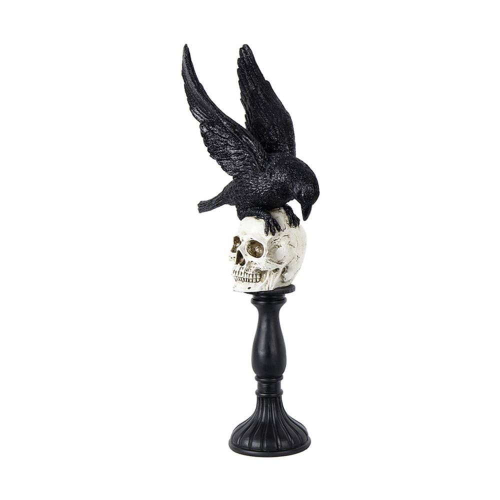 Seasonal Abode Inc Trinidad Black/White Resin Glittered Flying Down Crow On Skull Finial