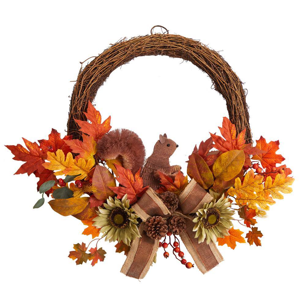 Nearly Natural 26 in. Orange Fall Harvest Artificial Autumn Wreath with Twig Base and Bunny