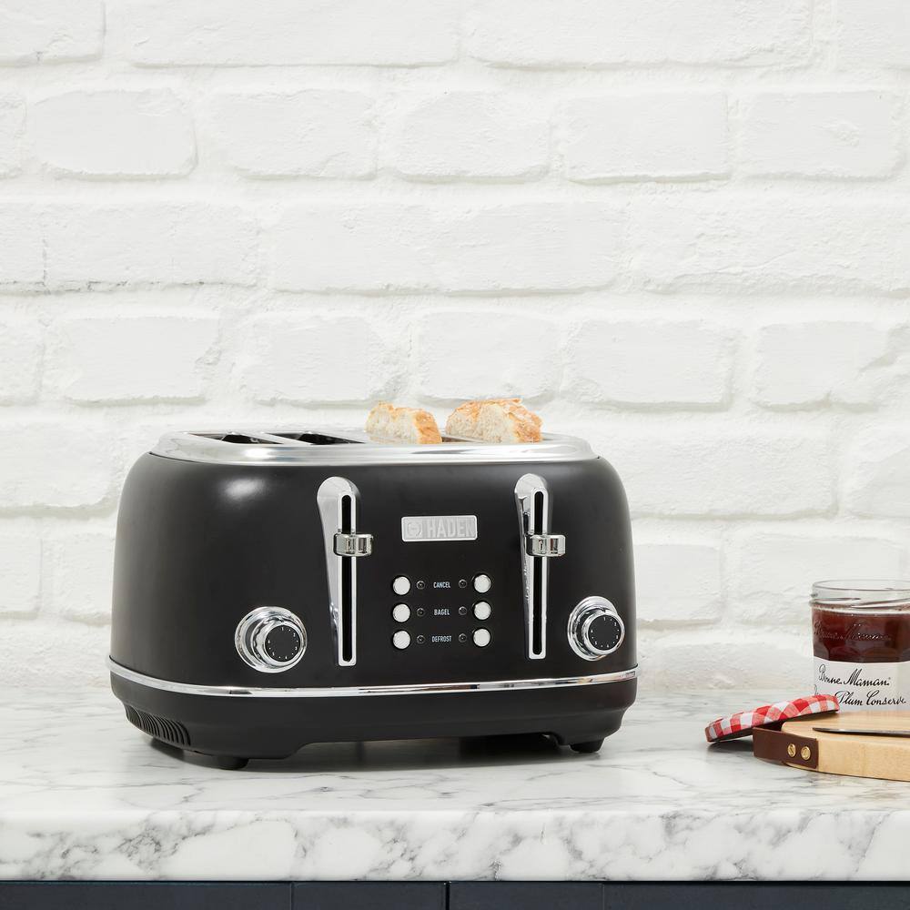 HADEN Heritage 1500-Watt 4-Slice Black and Chrome Wide Slot Retro Toaster with Removable Crumb Tray and Browning Control