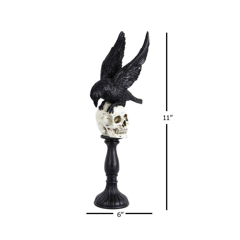 Seasonal Abode Inc Trinidad Black/White Resin Glittered Flying Down Crow On Skull Finial