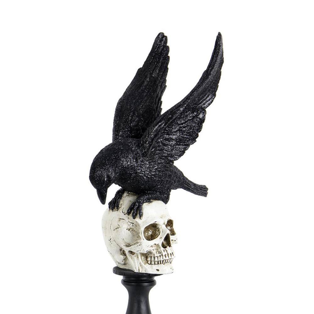 Seasonal Abode Inc Trinidad Black/White Resin Glittered Flying Down Crow On Skull Finial