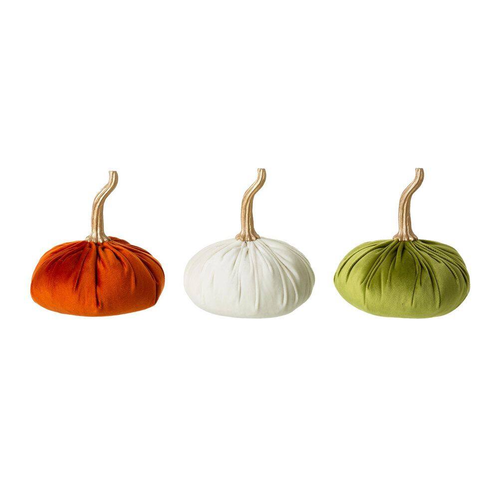 Glitzhome 6.1 in. H Orange/White/Green Velvet Pumpkins Set of 3