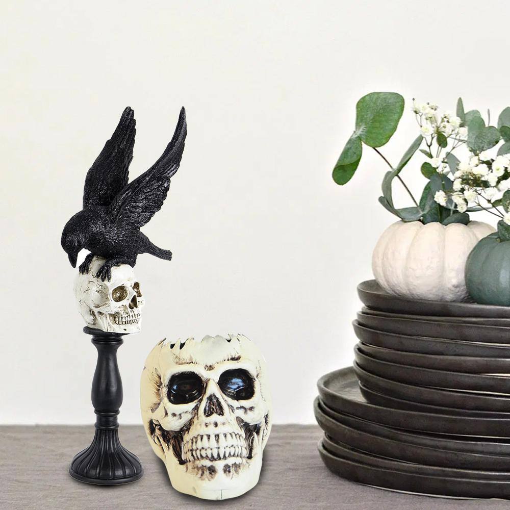 Seasonal Abode Inc Trinidad Black/White Resin Glittered Flying Down Crow On Skull Finial