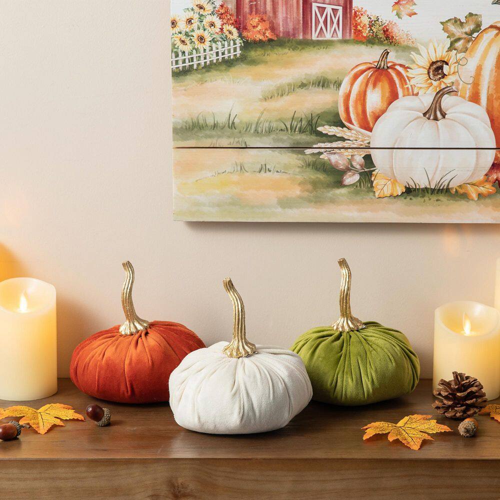 Glitzhome 6.1 in. H Orange/White/Green Velvet Pumpkins Set of 3