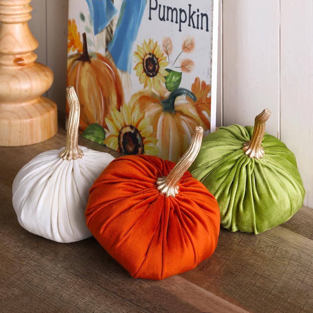 Glitzhome 6.1 in. H Orange/White/Green Velvet Pumpkins Set of 3