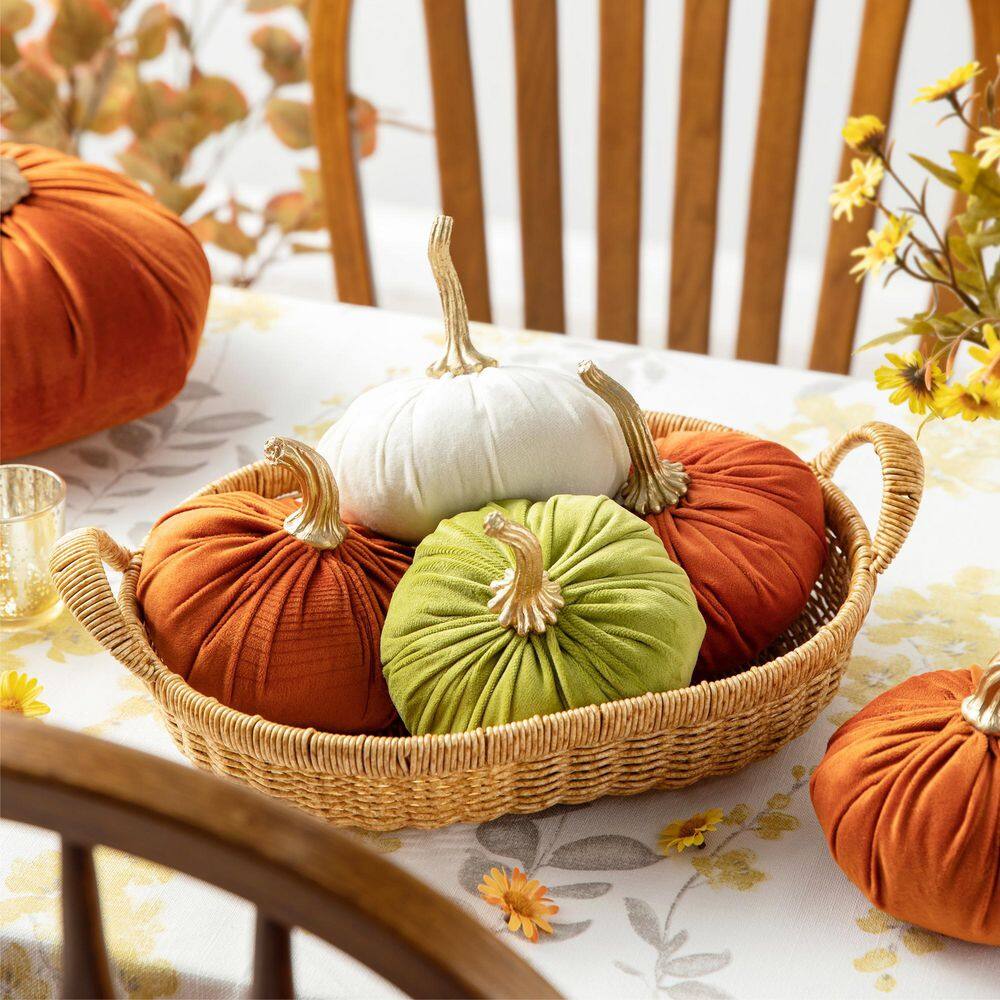 Glitzhome 6.1 in. H Orange/White/Green Velvet Pumpkins Set of 3