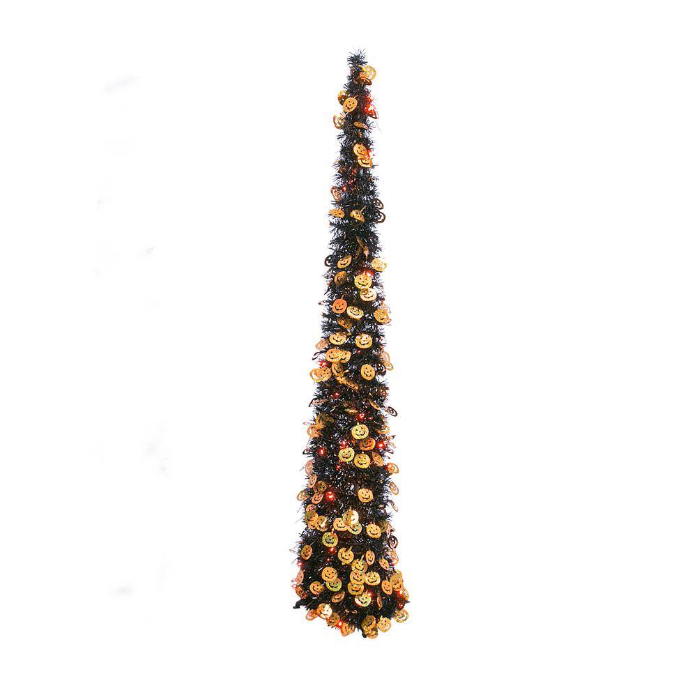 GERSON INTERNATIONAL 65 in. H Black/Orange Electric Lighted Pop-Up Tinsel Halloween Tree