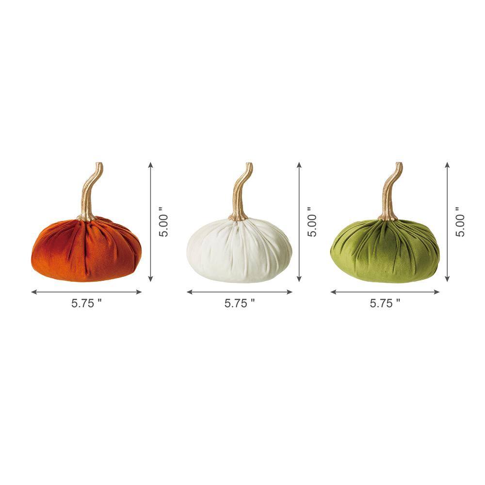 Glitzhome 6.1 in. H Orange/White/Green Velvet Pumpkins Set of 3