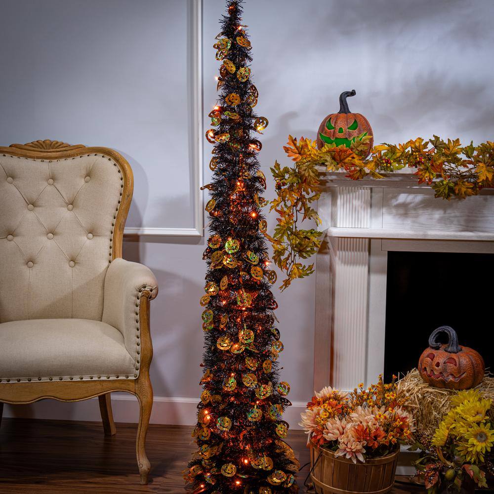 GERSON INTERNATIONAL 65 in. H Black/Orange Electric Lighted Pop-Up Tinsel Halloween Tree