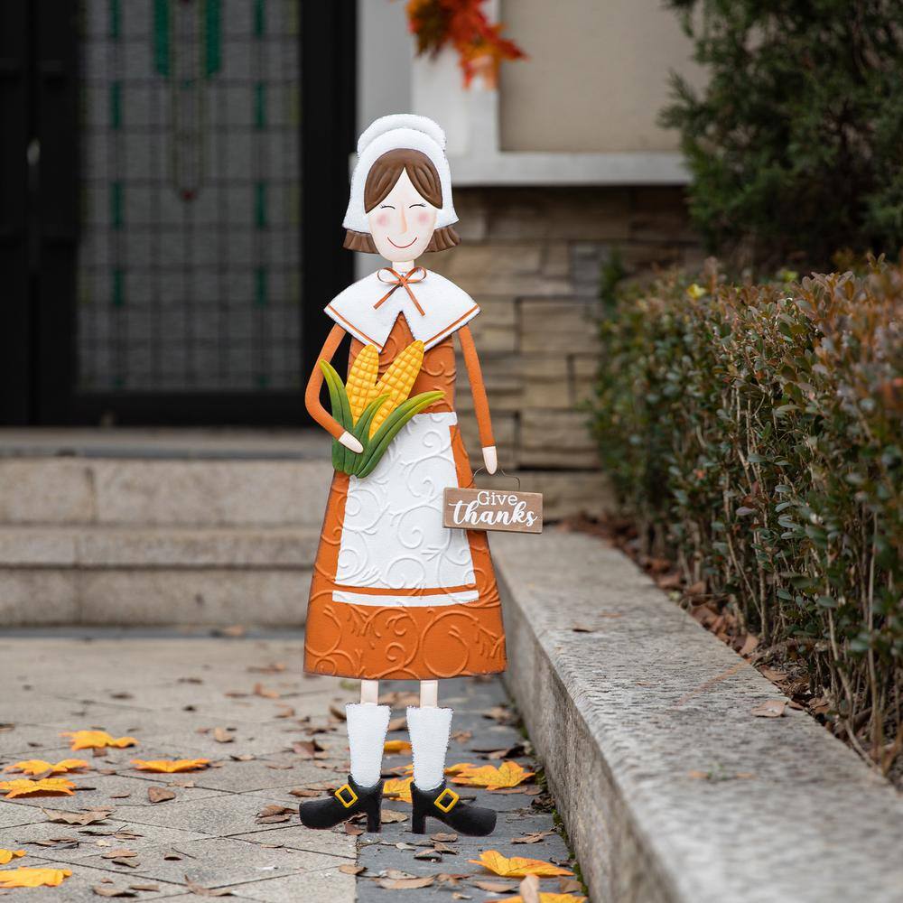 Glitzhome 36 in. H Metal Thanksgiving Pilgrim Girl Yard Stake, Standing Decor or Hanging Decor (3 Function)