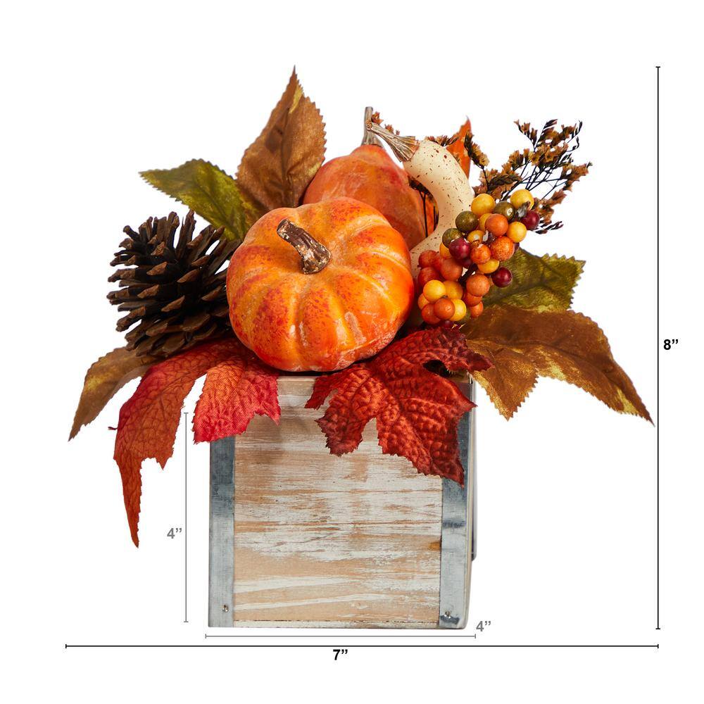 Nearly Natural 8 in. Orange Fall Pumpkin, Gourd, Berries and Pinecones Artificial Autumn Arrangement in Natural Washed Vase