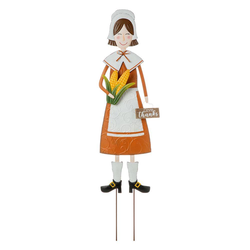 Glitzhome 36 in. H Metal Thanksgiving Pilgrim Girl Yard Stake, Standing Decor or Hanging Decor (3 Function)