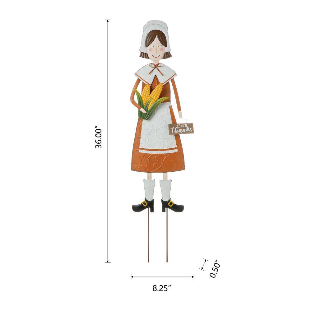 Glitzhome 36 in. H Metal Thanksgiving Pilgrim Girl Yard Stake, Standing Decor or Hanging Decor (3 Function)