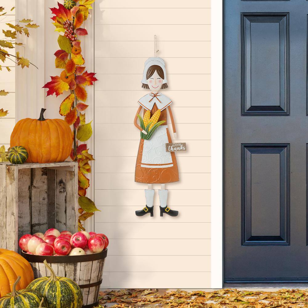 Glitzhome 36 in. H Metal Thanksgiving Pilgrim Girl Yard Stake, Standing Decor or Hanging Decor (3 Function)