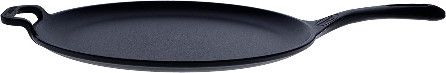 Victoria 12 in. Black Cast Iron Comal Skillet with Long Handle and Helper Handle, Seasoned