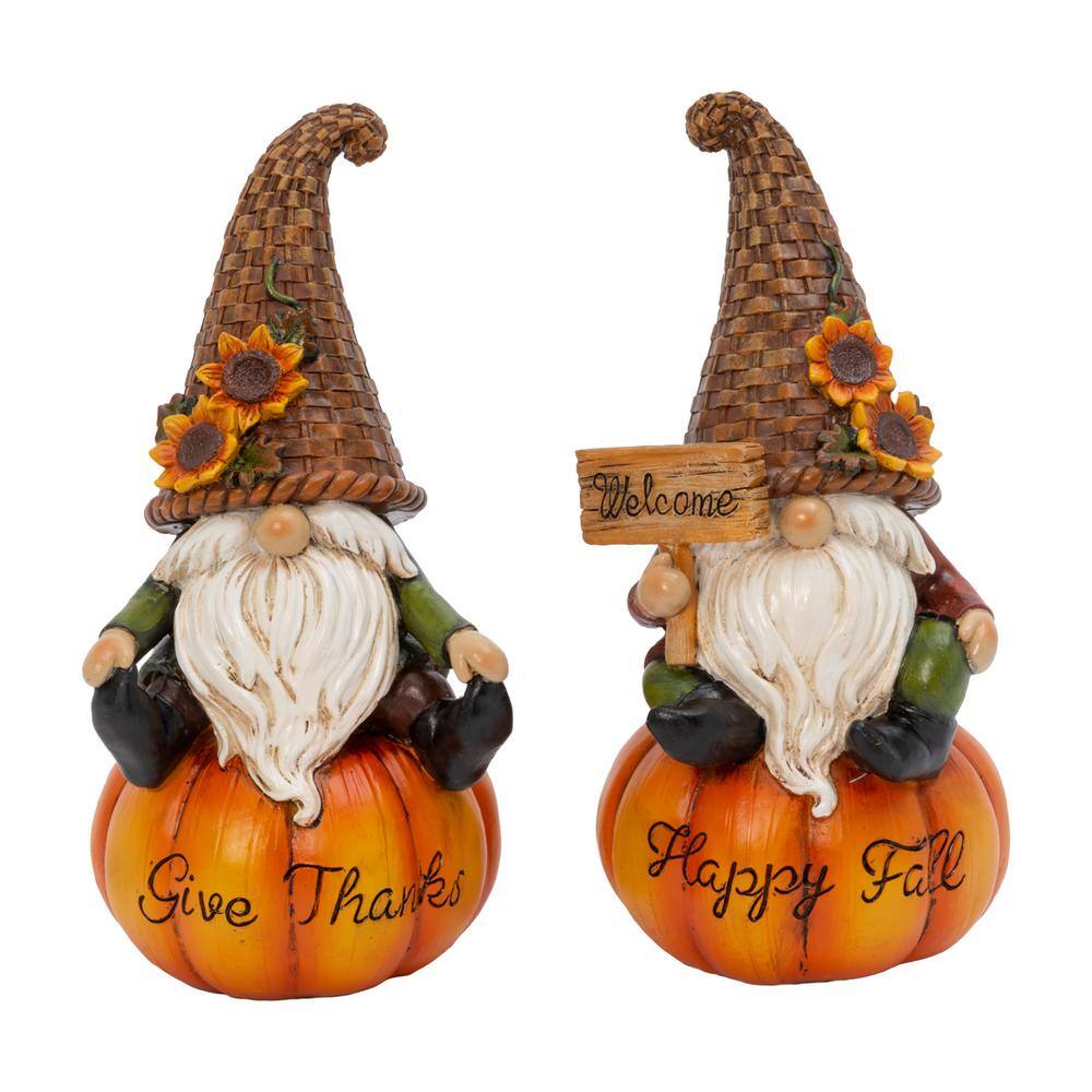 GERSON INTERNATIONAL 8.8 in. H Resin Harvest Gnomes Sitting on Pumpkins (Set of 2)