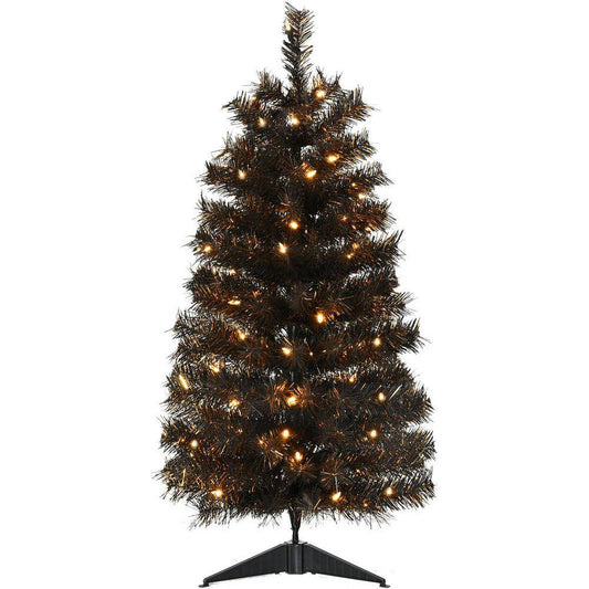 36 in. Halloween Black Tinsel Tree with LED Lights