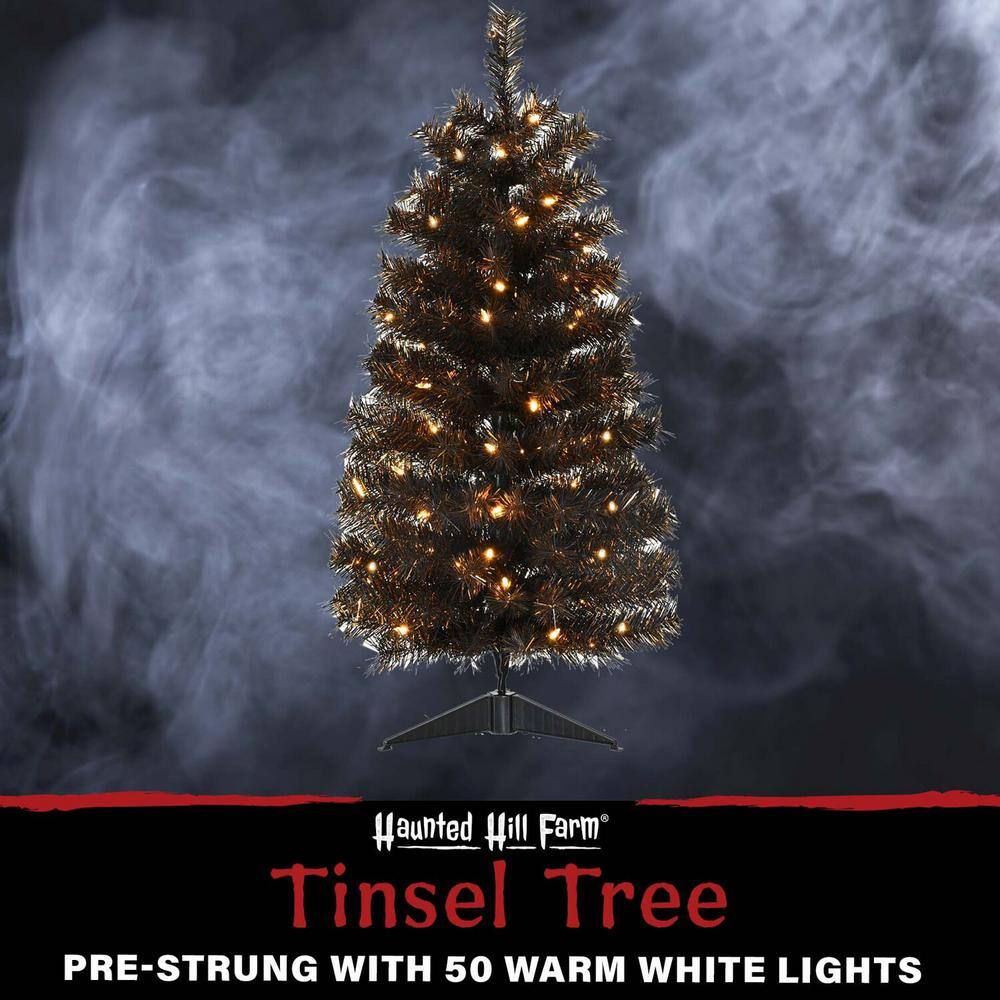 36 in. Halloween Black Tinsel Tree with LED Lights