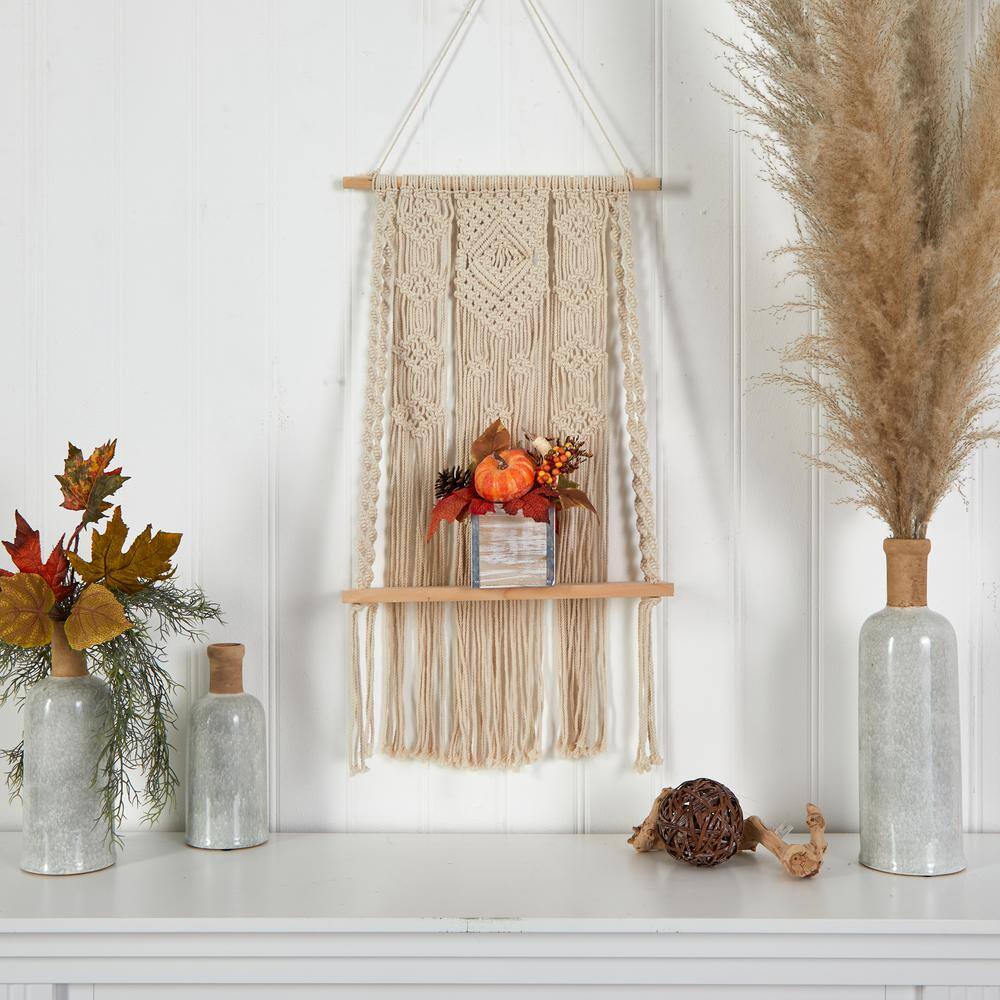 Nearly Natural 8 in. Orange Fall Pumpkin, Gourd, Berries and Pinecones Artificial Autumn Arrangement in Natural Washed Vase