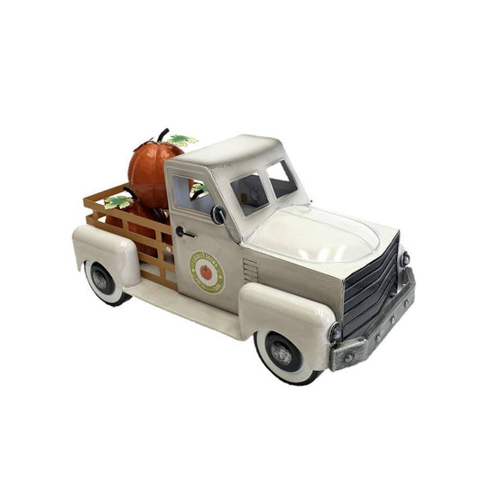 Zaer Ltd. International 10 in. Tall Country Style Metal Truck with Pumpkins in Antique White