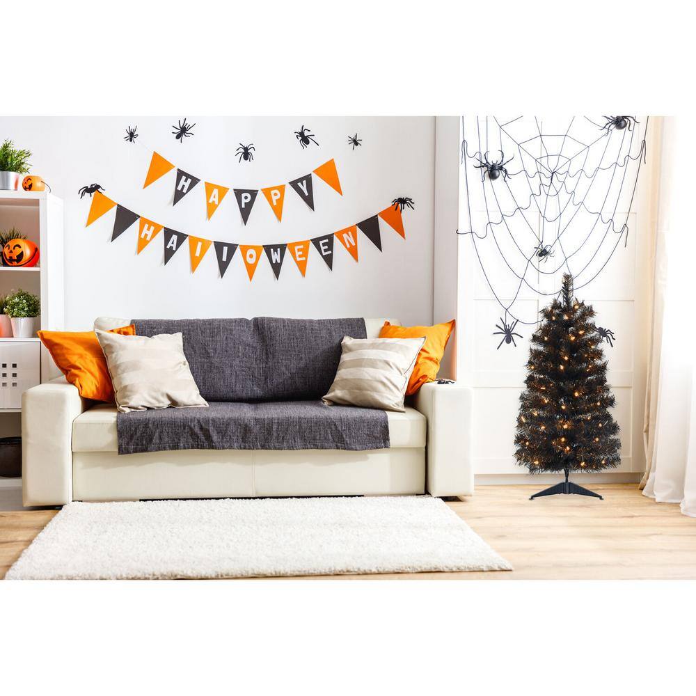 36 in. Halloween Black Tinsel Tree with LED Lights