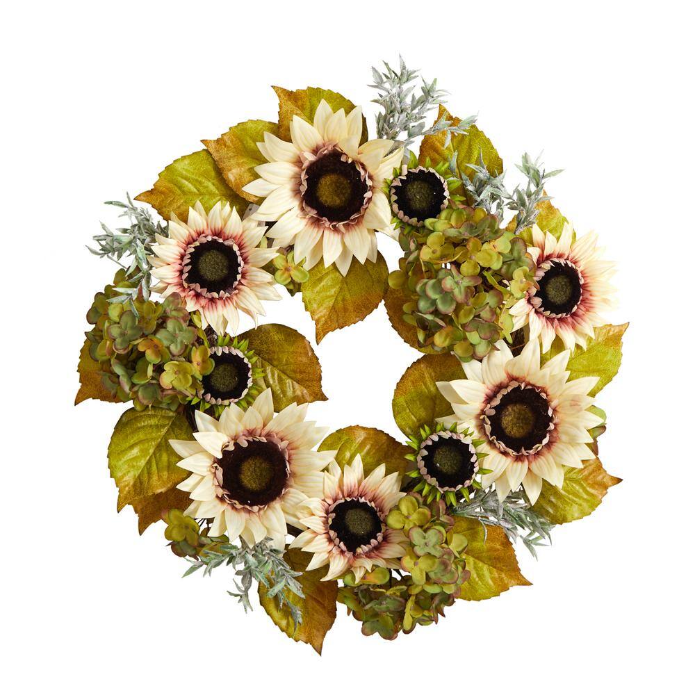 Nearly Natural 24 in. Orange and White Sunflower and Hydrangea Artificial Autumn Wreath