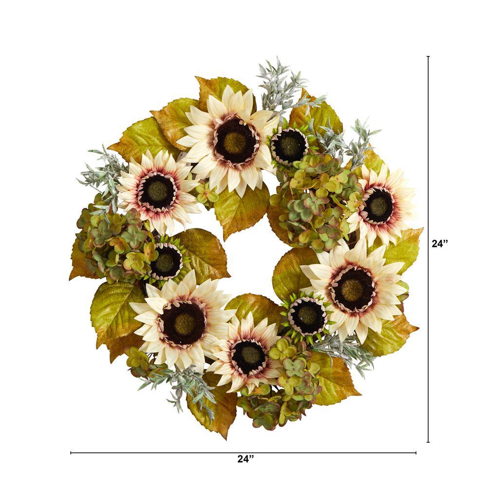 Nearly Natural 24 in. Orange and White Sunflower and Hydrangea Artificial Autumn Wreath